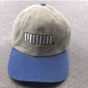 Vintage PUMA Hat Snapback Beige Denim Blue Embroidered Logo One Size Adjustable